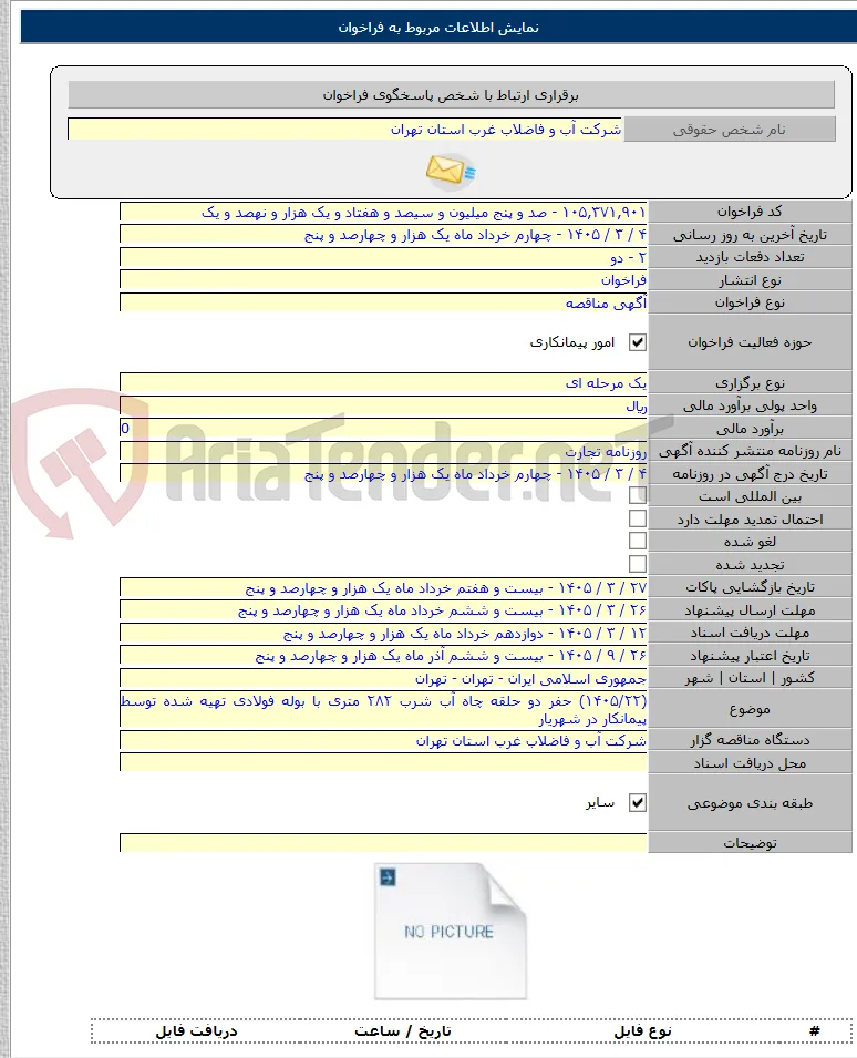 (۱۴۰۵/۲۲) حفر دو حلقه چاه آب شرب ۲۸۲ متری با بوله فولادی تهیه شده توسط پیمانکار در شهریار