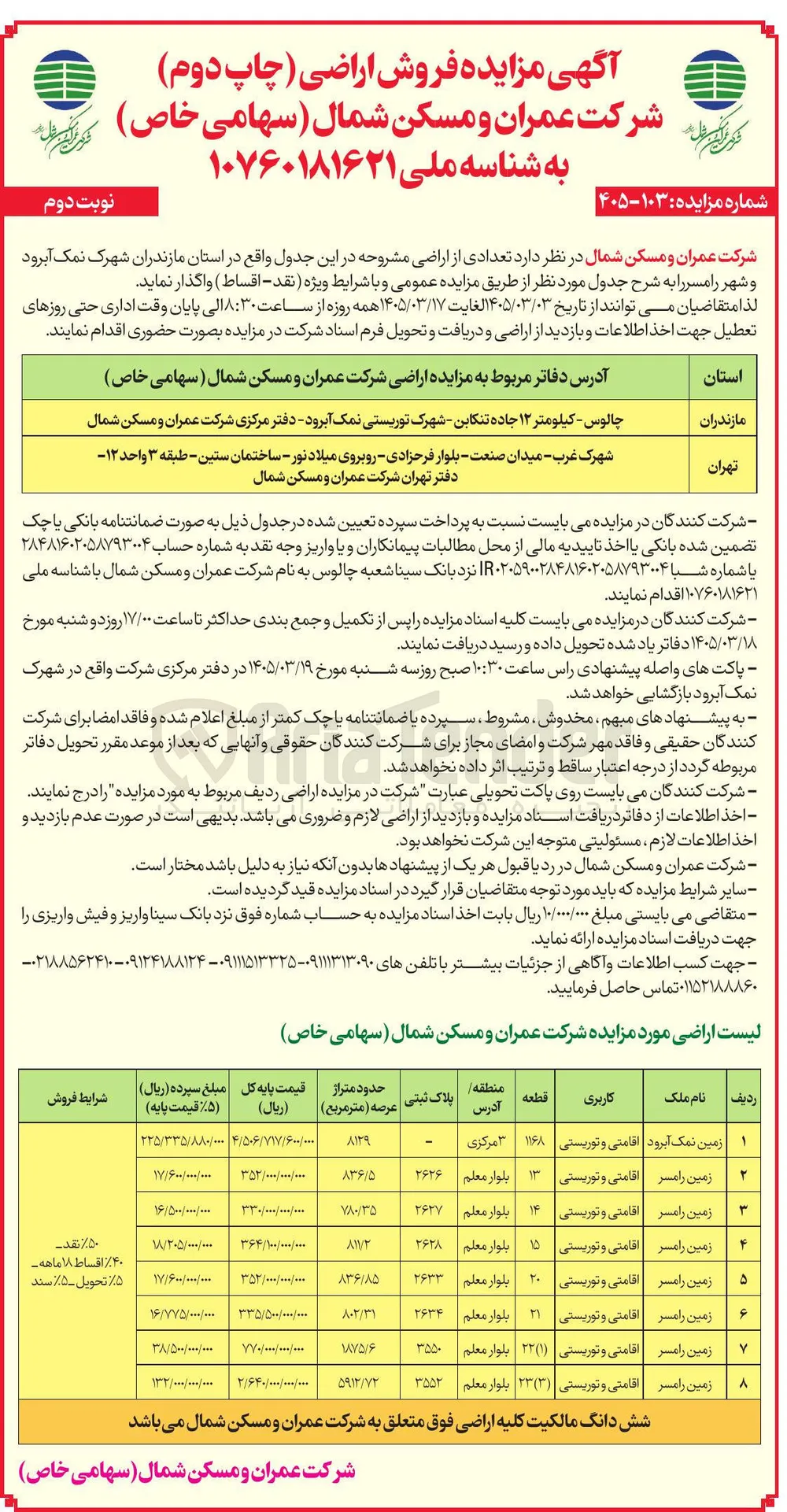 فروش تعدادی از اراضی خود با کاربری اقامتی و توریستی