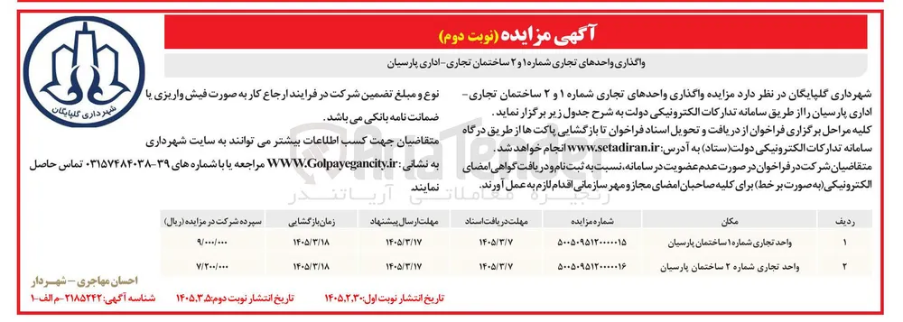 واگذاری واحد تجاری شماره ۱ 