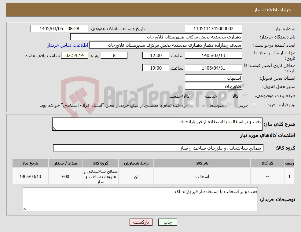 نیاز کالا-پخت و پز آسفالت با استفاده از قیر یارانه ای