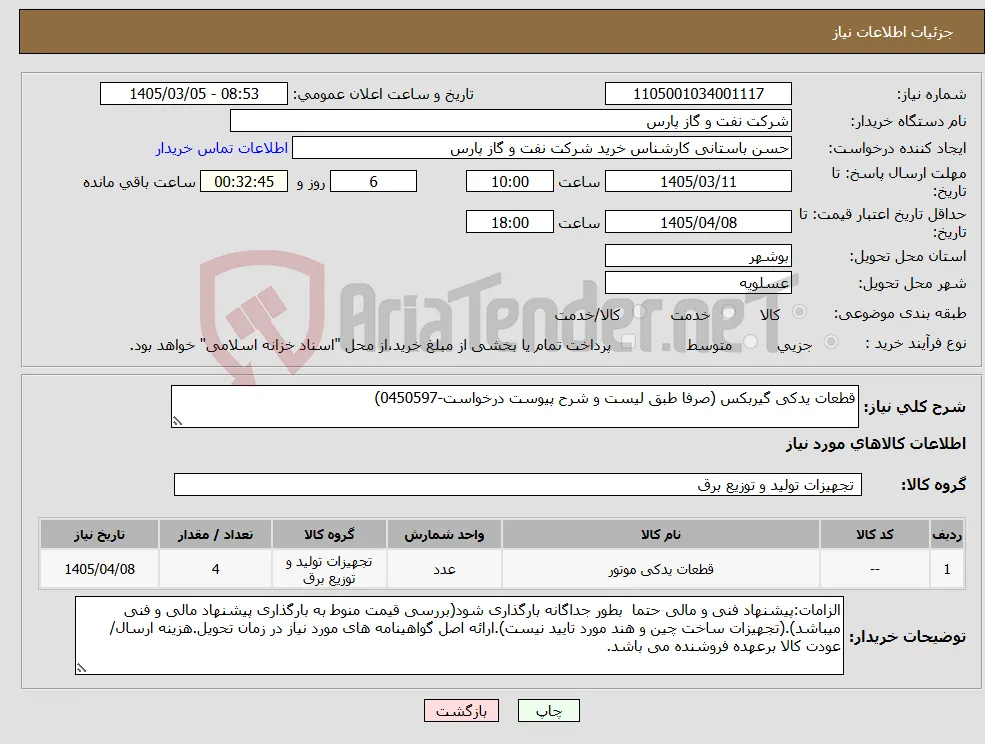 نیاز کالا-قطعات یدکی گیربکس (صرفا طبق لیست و شرح پیوست درخواست-0450597)