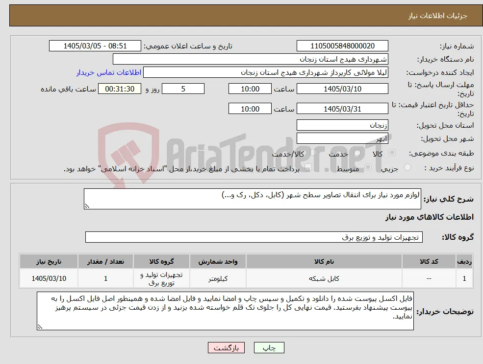 نیاز کالا-لوازم مورد نیاز برای انتقال تصاویر سطح شهر (کابل، دکل، رک و...)