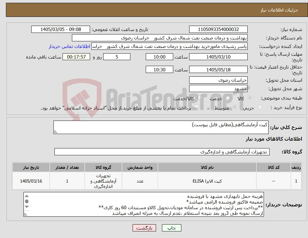نیاز کالا-کیت آزمایشگاهی(مطابق فایل پیوست)