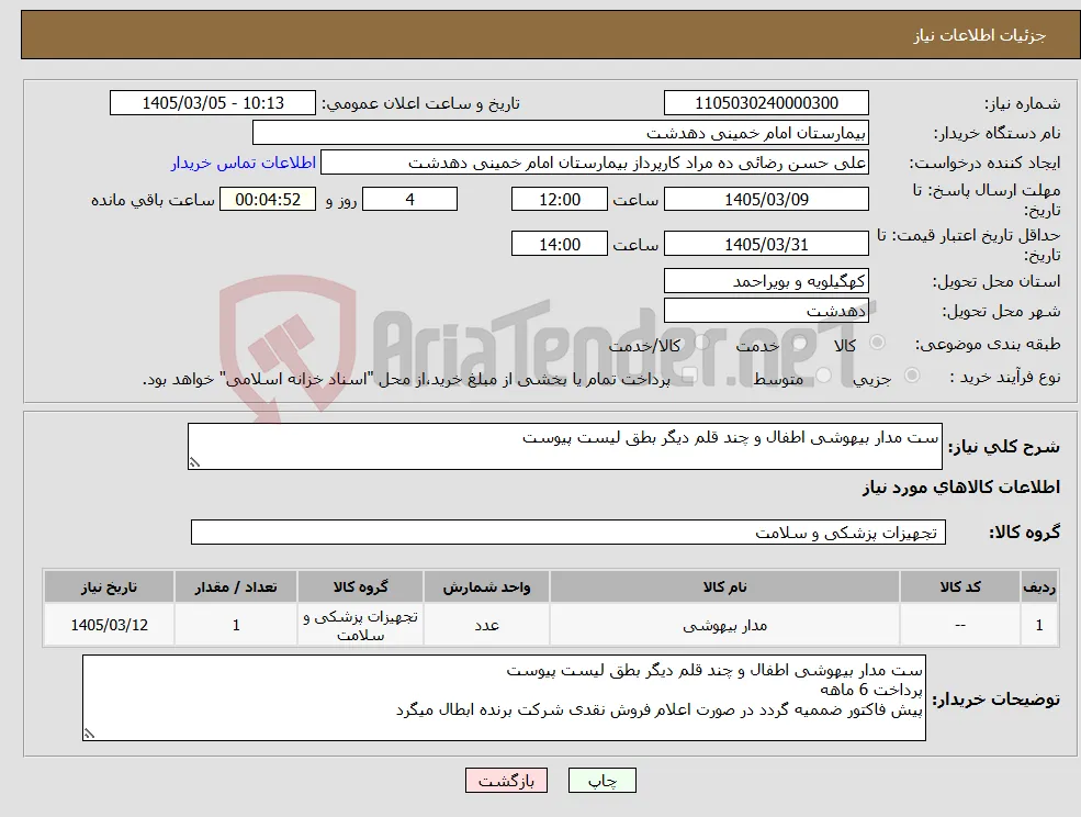 نیاز کالا-ست مدار بیهوشی اطفال و چند قلم دیگر بطق لیست پیوست