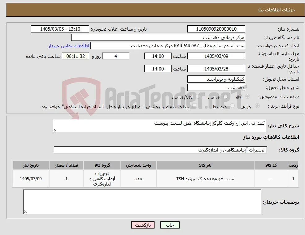 نیاز کالا-کیت تی اس اچ وکیت گلوگزازمایشگاه طبق لیست پیوست