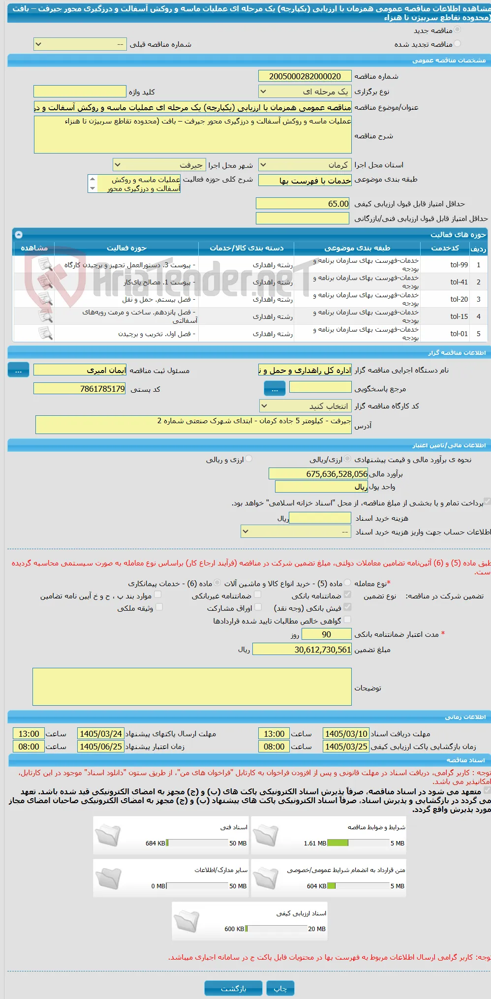 مناقصه عمومی همزمان با ارزیابی (یکپارچه) یک مرحله ای عملیات ماسه و روکش آسفالت و درزگیری محور جیرفت – بافت (محدوده تقاطع سربیژن تا هنزاء