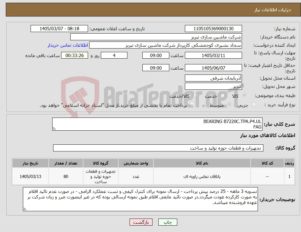 نیاز کالا-BEARING B7220C.TPA.P4.UL FAG