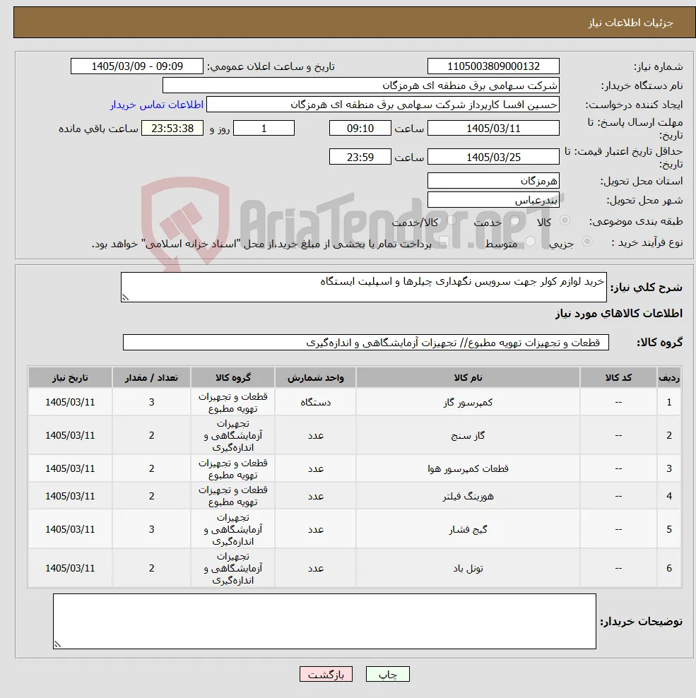 نیاز کالا-خرید لوازم کولر جهت سرویس نگهداری چیلرها و اسپلیت ایستگاه