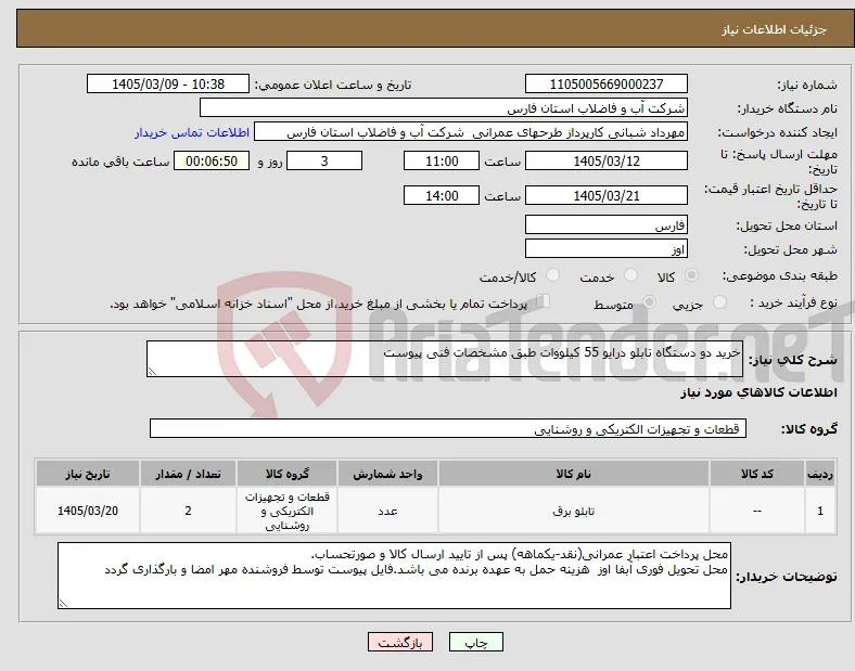 نیاز کالا-خرید دو دستگاه تابلو درایو 55 کیلووات طبق مشخصات فنی پیوست 