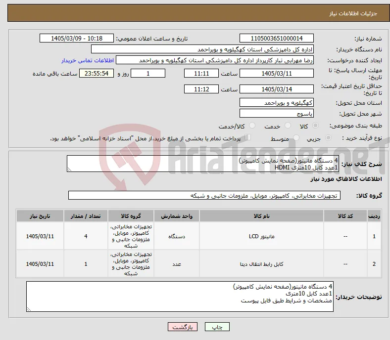 نیاز کالا-4 دستگاه مانیتور(صفحه نمایش کامپیوتر) 1عدد کابل 10متری HDMI