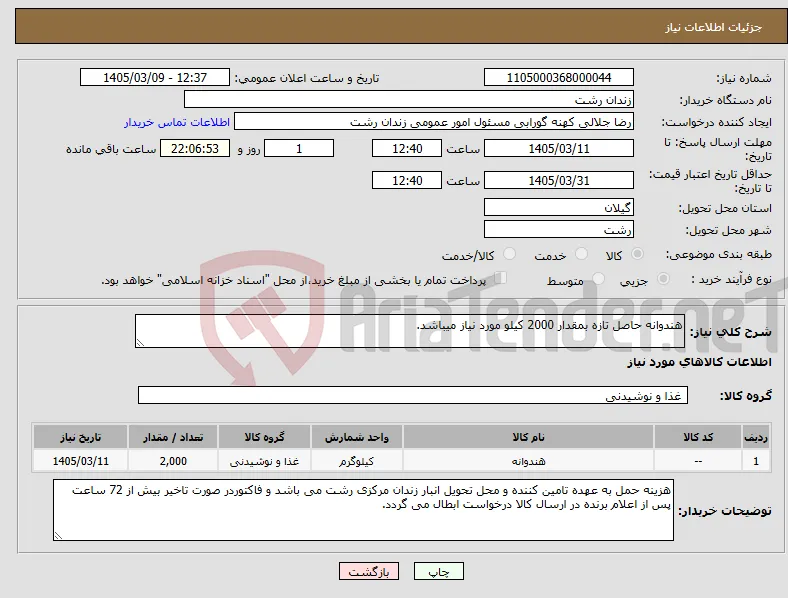 نیاز کالا-هندوانه حاصل تازه بمقدار 2000 کیلو مورد نیاز میباشد.