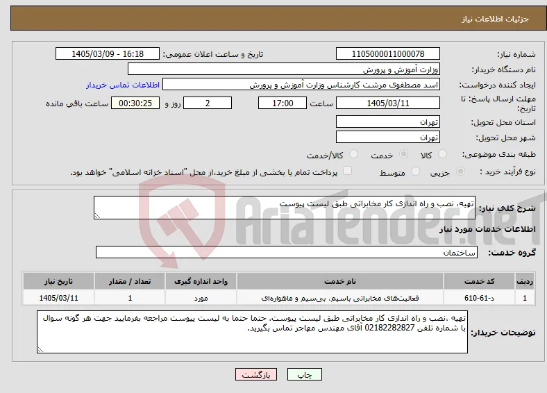 نیاز خدمات-تهیه، نصب و راه اندازی کار مخابراتی طبق لیست پیوست
