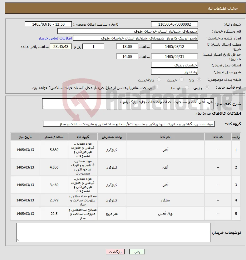 نیاز کالا-خرید آهن آلات و .....جهت احداث واحدهای تجاری پارک بانوان 