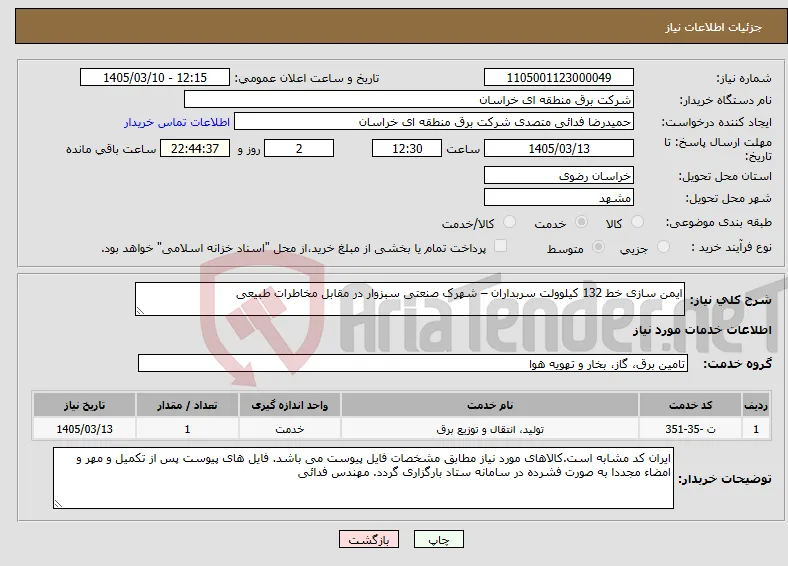 نیاز خدمات-ایمن سازی خط 132 کیلوولت سربداران – شهرک صنعتی سبزوار در مقابل مخاطرات طبیعی