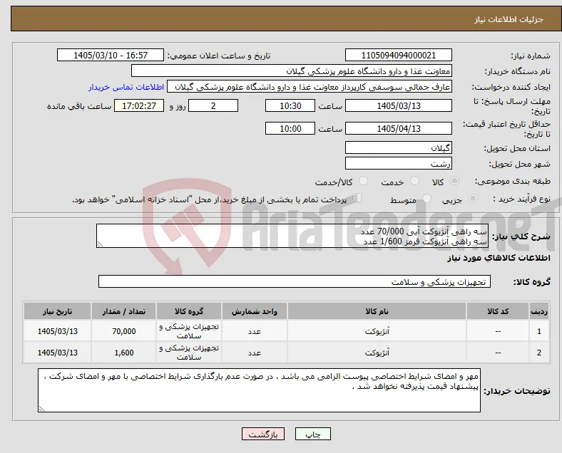 نیاز کالا-سه راهی آنژیوکت آبی 70/000 عدد سه راهی آنژیوکت قرمز 1/600 عدد