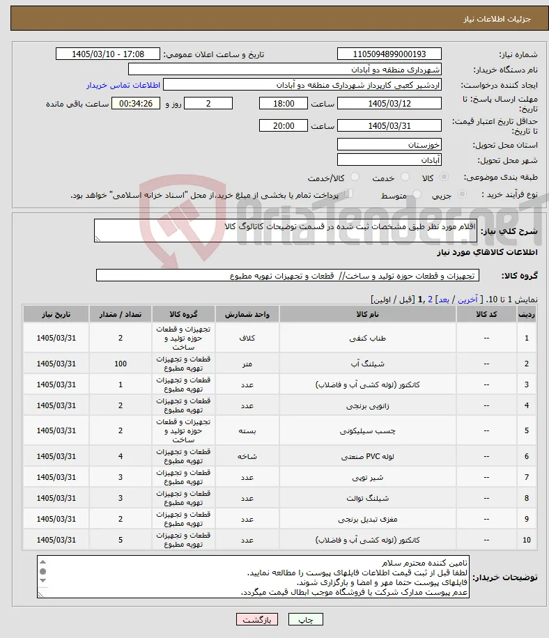 نیاز کالا-اقلام مورد نظر طبق مشخصات ثبت شده در قسمت توضیحات کاتالوگ کالا