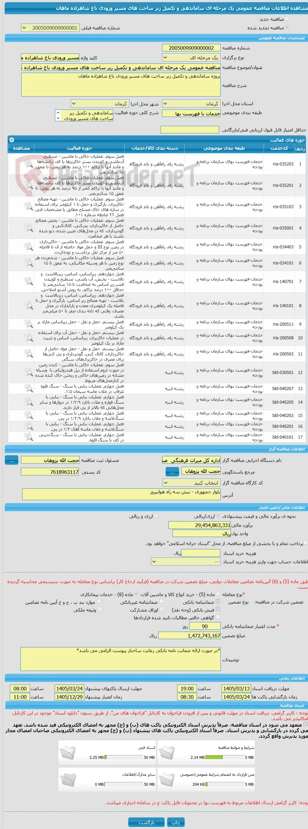 مناقصه عمومی یک مرحله ای ساماندهی و تکمیل زیر ساخت های مسیر ورودی باغ شاهزاده ماهان