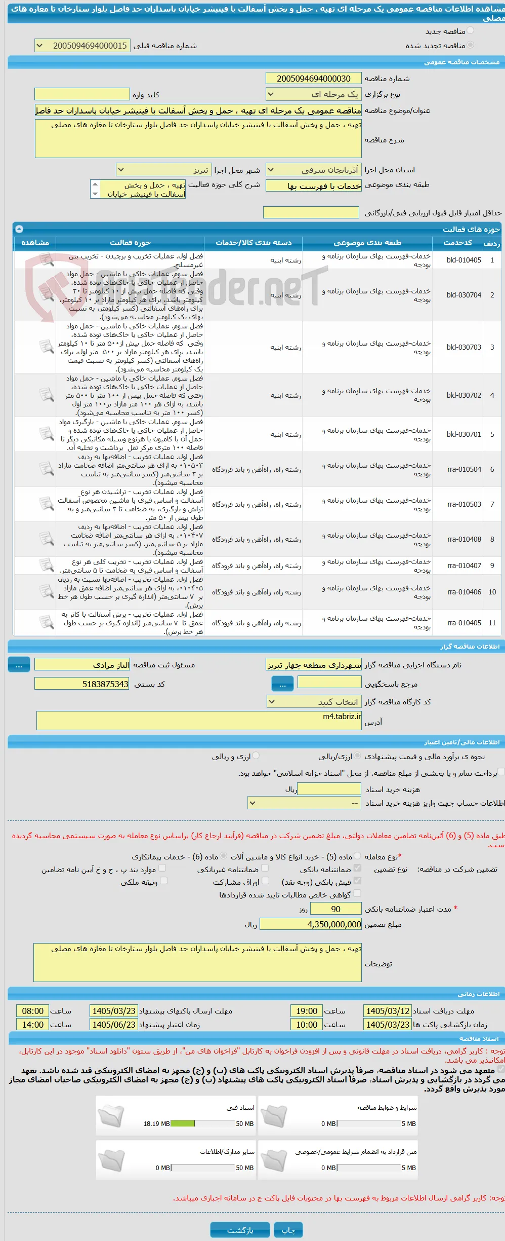مناقصه عمومی یک مرحله ای تهیه ، حمل و پخش آسفالت با فینیشر خیابان پاسداران حد فاصل بلوار ستارخان تا مغازه های مصلی