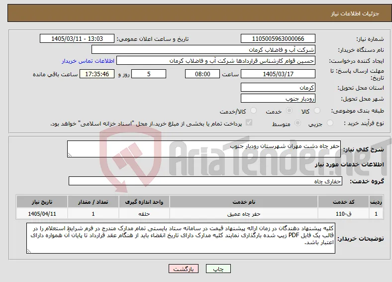نیاز خدمات-حفر چاه دشت مهران شهرستان رودبار جنوب