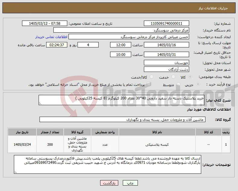 نیاز کالا-خرید پلاستیک دسته دار سفید دارویی 40*30 تعداد 200 کیلوگرم (8 کیسه 25کیلویی )