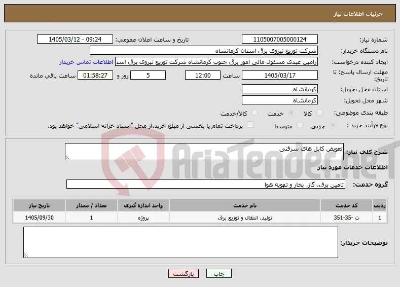 نیاز خدمات-تعویض کابل های سرقتی