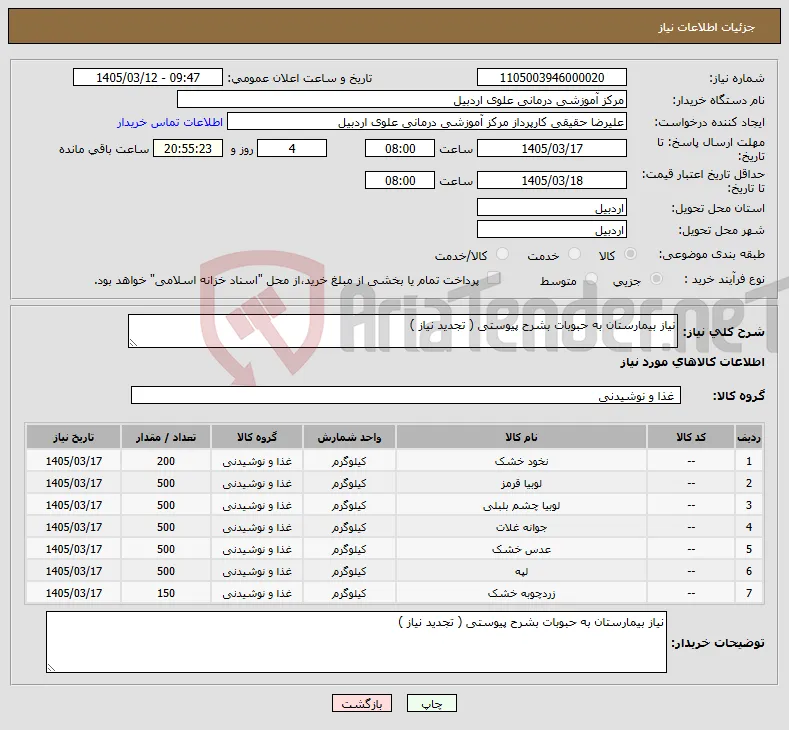 نیاز کالا-نیاز بیمارستان به حبوبات بشرح پیوستی ( تجدید نیاز )