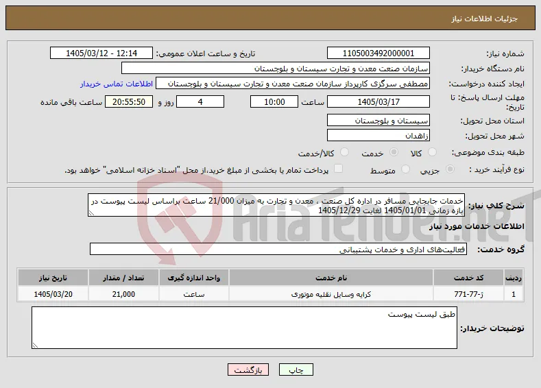 نیاز خدمات-خدمات جابجایی مسافر در اداره کل صنعت ، معدن و تجارت به میزان 21/000 ساعت براساس لیست پیوست در بازه زمانی 1405/01/01 لغایت 1405/12/29 