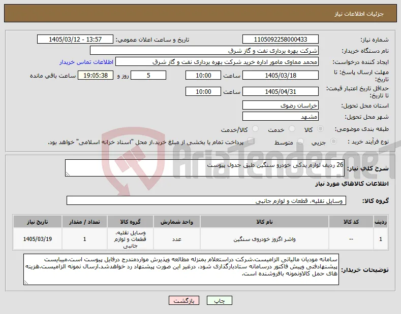 نیاز کالا-26 ردیف لوازم یدکی خودرو سنگین طبق جدول پیوست