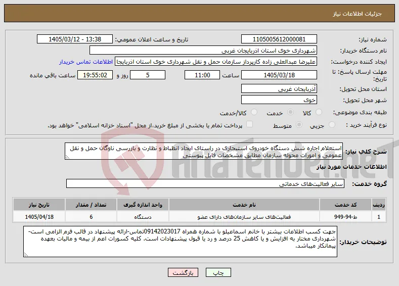 نیاز خدمات-استعلام اجاره شش دستگاه خودروی استیجاری در راستای ایجاد انظباط و نظارت و بازرسی ناوگان حمل و نقل عمومی و امورات محوله سازمان مطابق مشخصات فایل پیوستی
