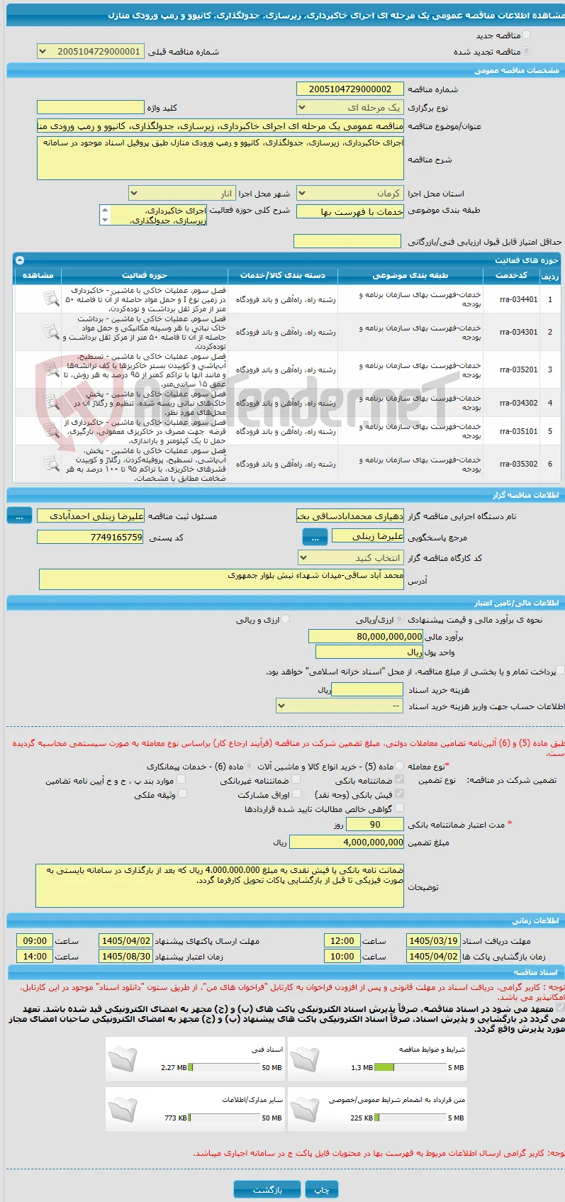 مناقصه عمومی یک مرحله ای اجرای خاکبرداری، زیرسازی، جدولگذاری، کانیوو و رمپ ورودی منازل