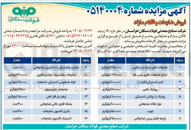 فروش ۱۶ ردیف کالای مازاد و ضایعاتی