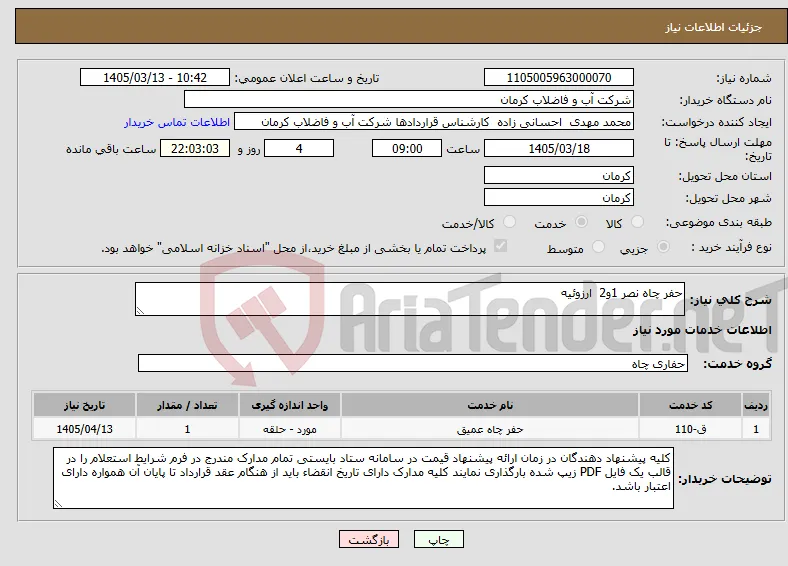 نیاز خدمات-حفر چاه نصر 1و2 ارزوئیه 