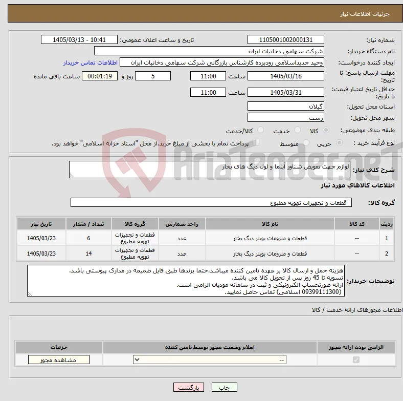 نیاز کالا-لوازم جهت تعویض شناور آبنما و لول دیگ های بخار