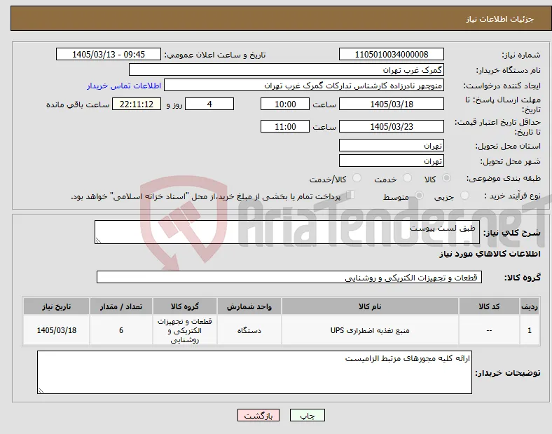 نیاز کالا- طبق لست پیوست