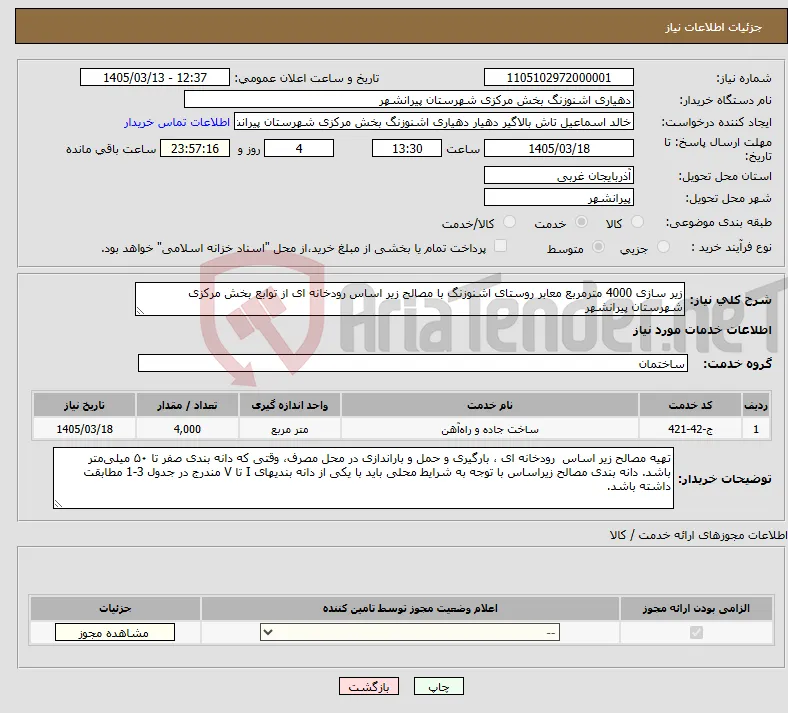 نیاز خدمات-زیر سازی 4000 مترمربع معابر روستای اشنوزنگ با مصالح زیر اساس رودخانه ای از توابع بخش مرکزی شهرستان پیرانشهر