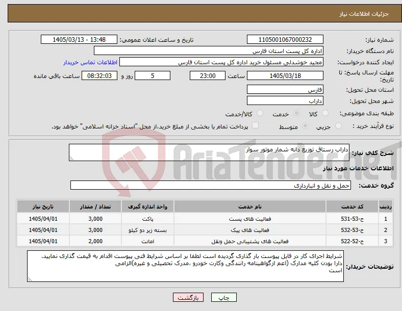 نیاز خدمات-داراب رستاق توزیع دانه شمار موتور سوار