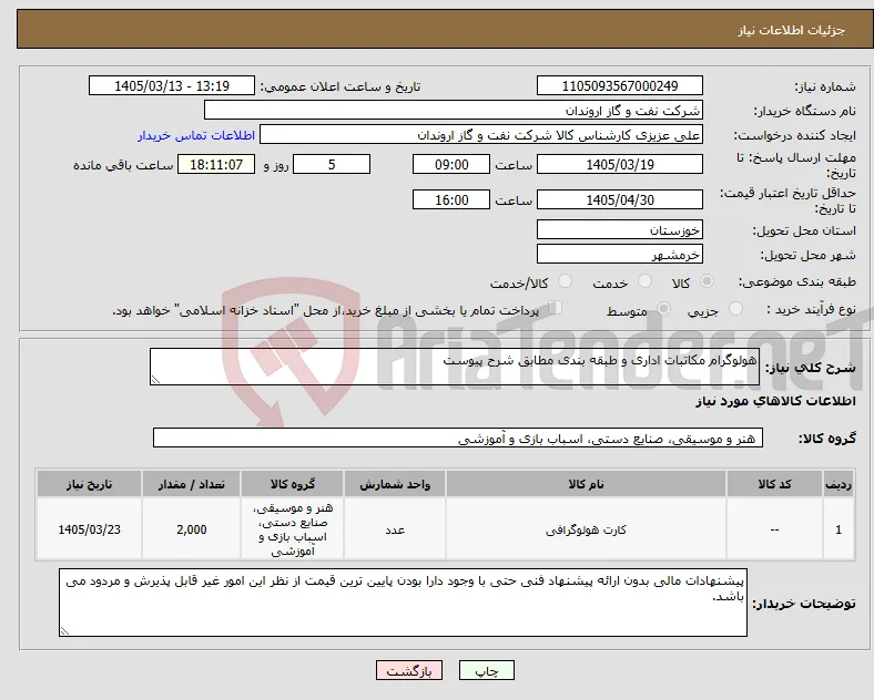 نیاز کالا-هولوگرام مکاتبات اداری و طبقه بندی مطابق شرح پیوست