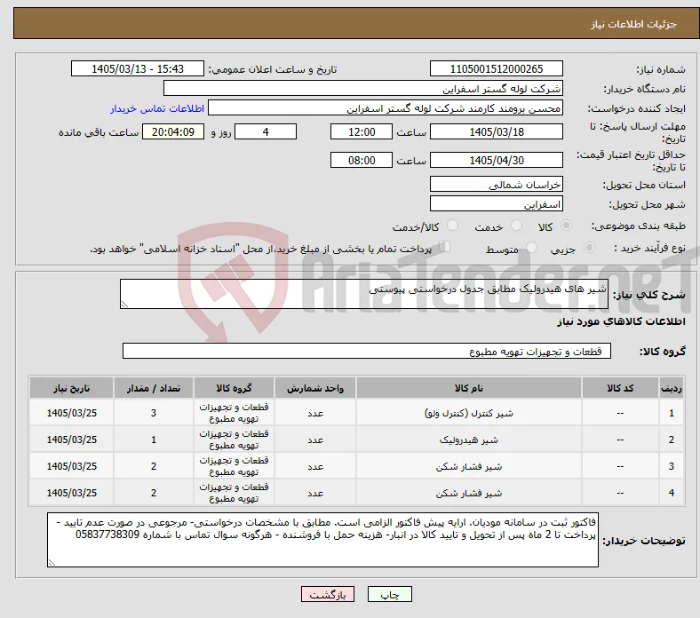 نیاز کالا-شیر های هیدرولیک مطابق جدول درخواستی پیوستی