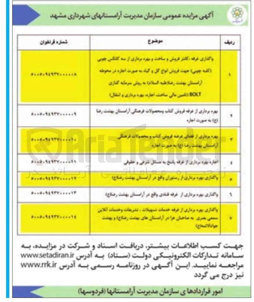 واگذاری بهره برداری از رستوران