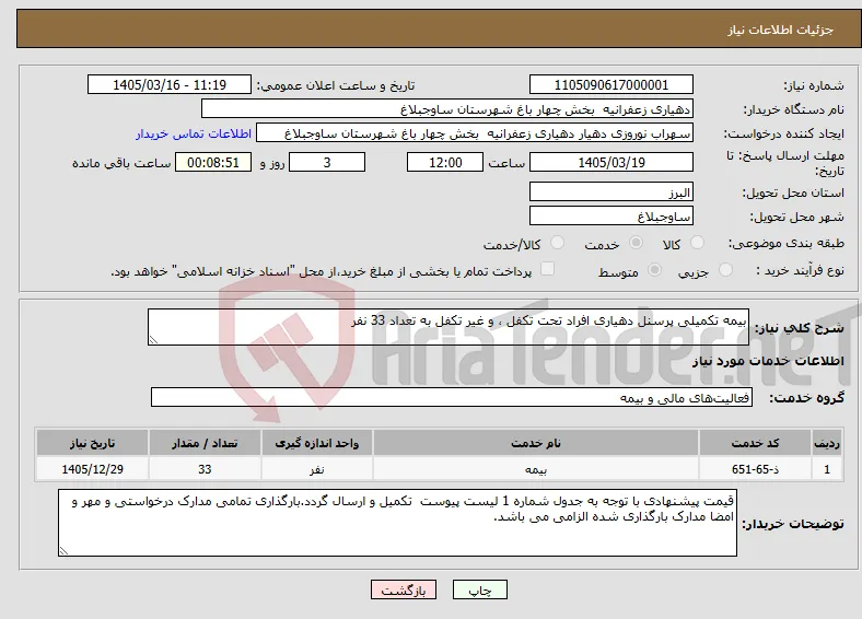 نیاز خدمات-بیمه تکمیلی پرسنل دهیاری افراد تحت تکفل ، و غیر تکفل به تعداد 33 نفر