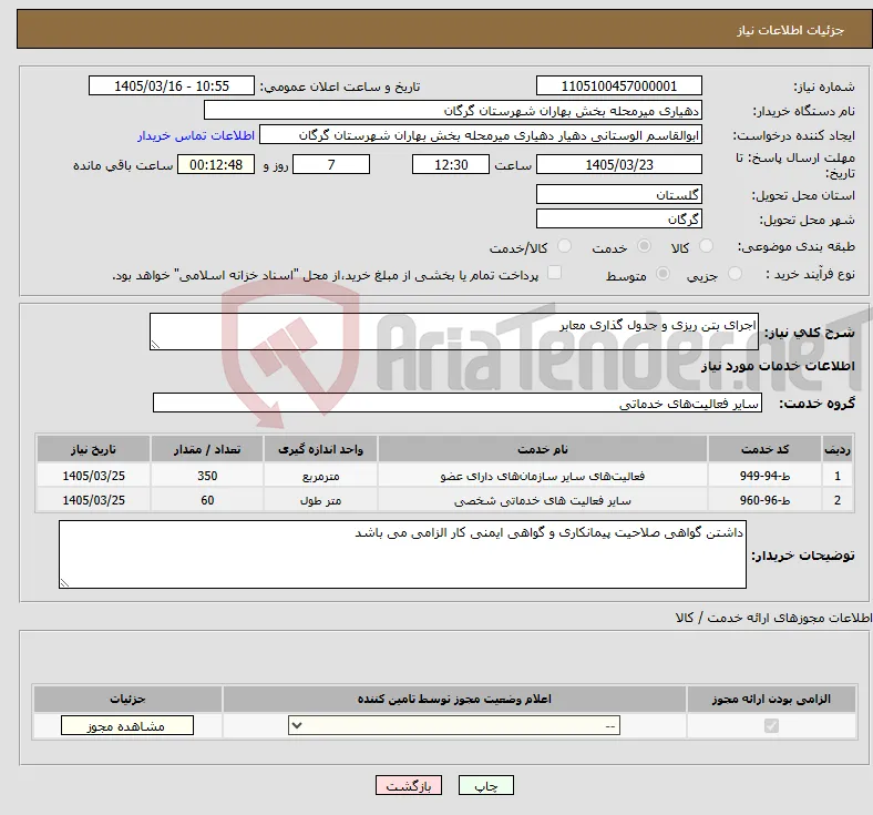 نیاز خدمات-اجرای بتن ریزی و جدول گذاری معابر 