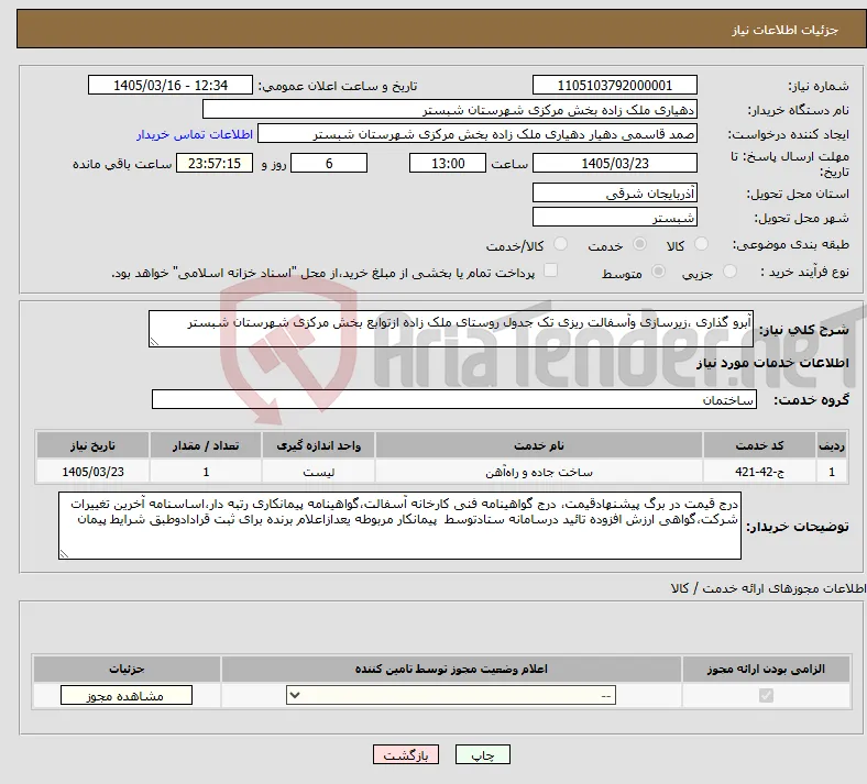 نیاز خدمات-آبرو گذاری ،زیرسازی وآسفالت ریزی تک جدول روستای ملک زاده ازتوابع بخش مرکزی شهرستان شبستر