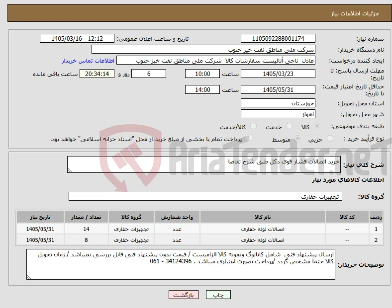نیاز کالا-خرید اتصالات فشار قوی دکل طبق شرح تقاضا