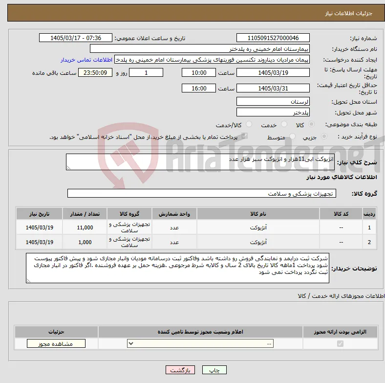 نیاز کالا-انژیوکت ابی11هزار و انژیوکت سبز هزار عدد