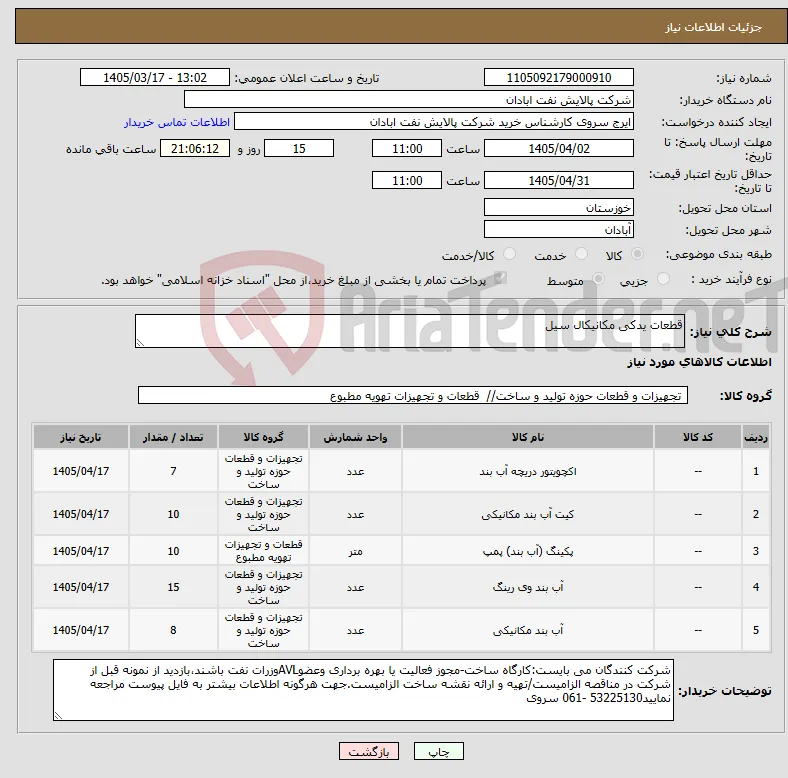 نیاز کالا-قطعات یدکی مکانیکال سیل