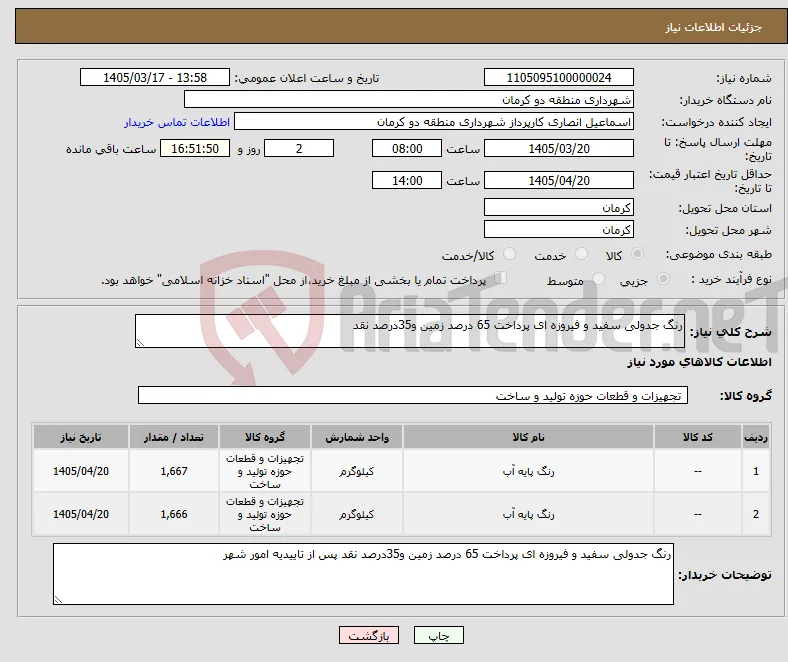 نیاز کالا-رنگ جدولی سفید و فیروزه ای پرداخت 65 درصد زمین و35درصد نقد