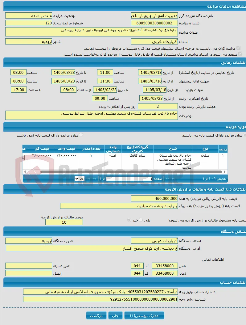 اجاره باغ توت هنرستان کشاورزی شهید بهشتی ارومیه طبق شرایط پیوستی 