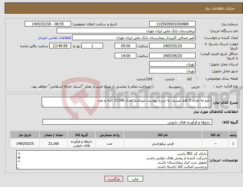 نیاز کالا-دارو به تعداد 5 قلم لیست به شرح پیوست میباشد تعداد 21166 حبه و عدد 