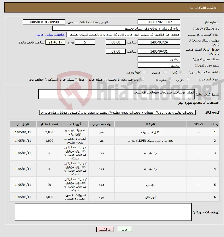 نیاز کالا-ایجاد زیرساخت فیبرنوری مهمانسرای صدف