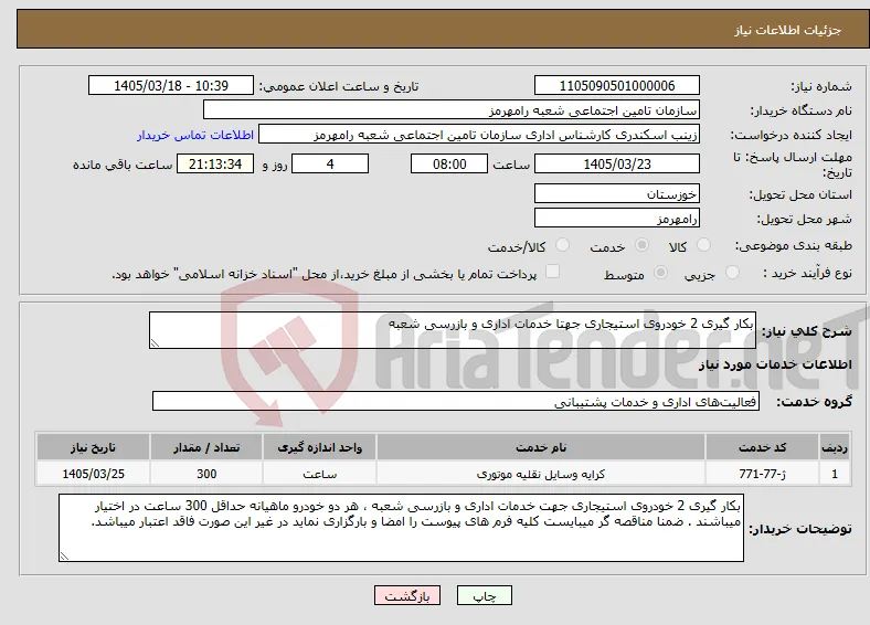 نیاز خدمات-بکار گیری 2 خودروی استیجاری جهتا خدمات اداری و بازرسی شعبه